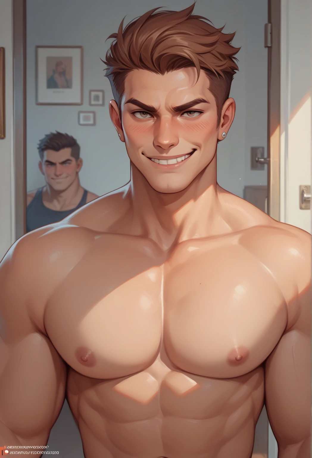score_9, score_8_up, score_7_up, rating_explicit, source_anime, guy, Naughty man, demon, male, (huge nipples), red skin, night, inside, bedroom, ((horny)), masterpiece, best quality,  ultradetailed, detailed background, photo background,  presenting, suggestive, sweating profusely , sexy pose, red eyes , 