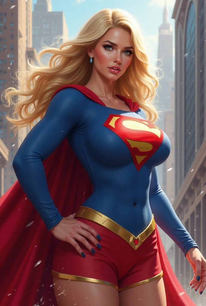 Blonde girl with blue eyes, With a serious expression, serious look, wearing a tight blue outfit tight to the body, defined chest, wearing a golden shoulder pad, wearing the United States flag as a cape