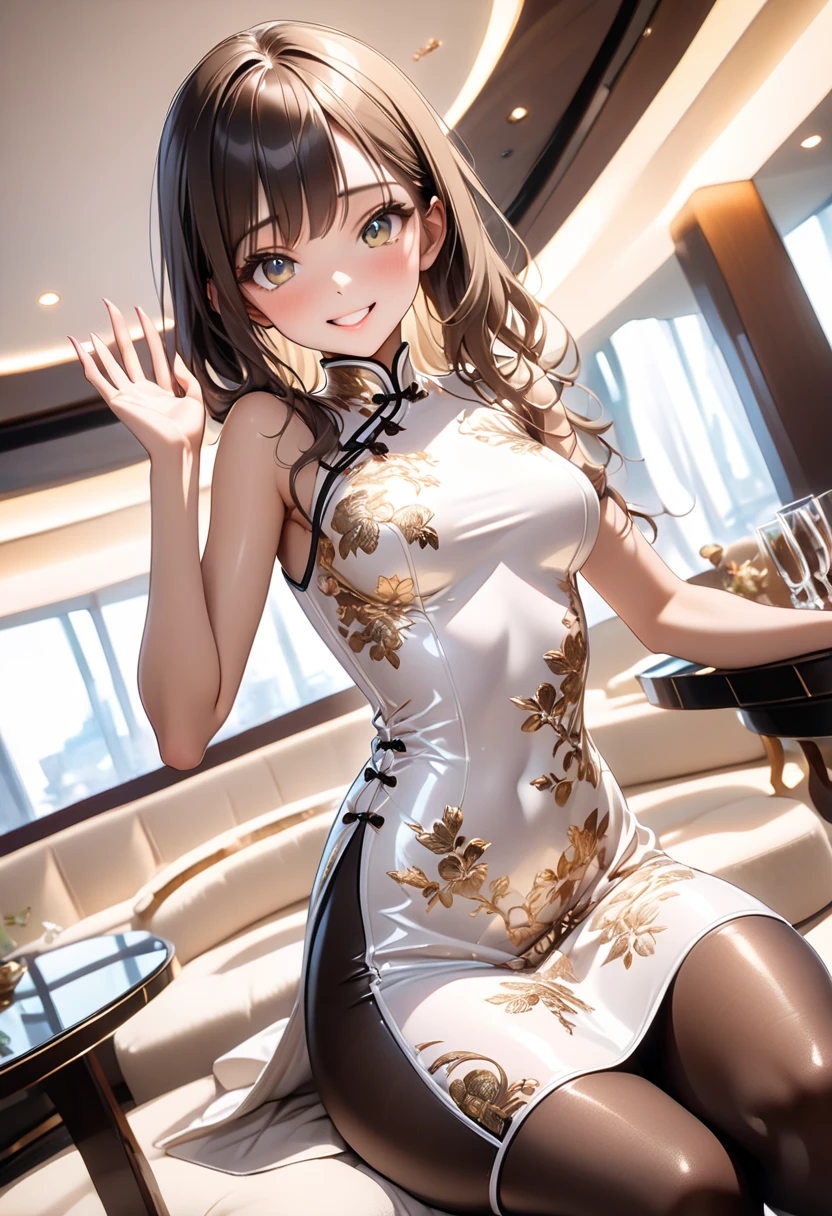 a sexy woman, (best quality), (masterpiece), (1girl), slim, anime, (flat chested), (chinese dress), (standing), (protrait), (naked legs), (view from above)
