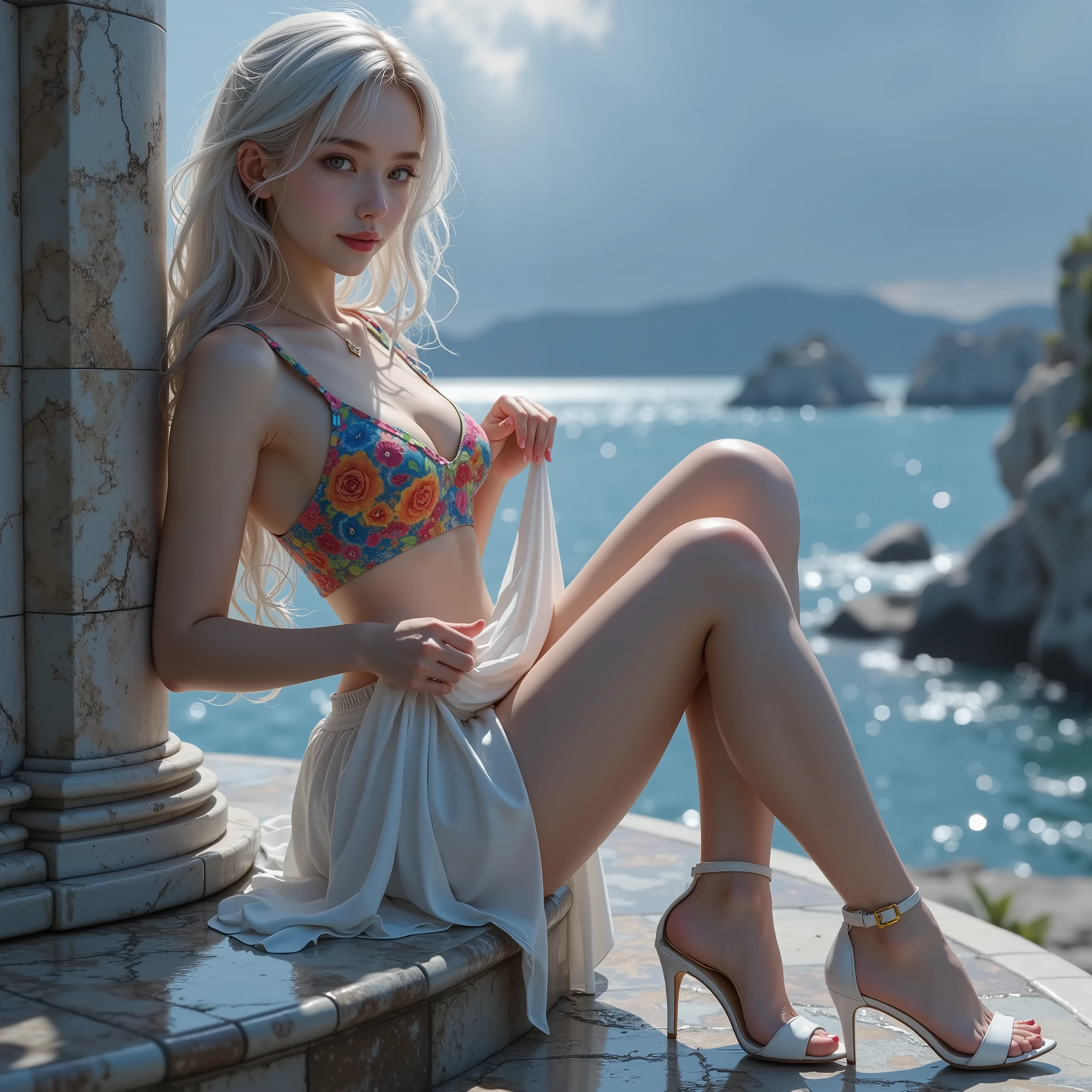 cute girl, perfect body, cleavage, white hair, long hairstyle, wearing red Satin Sleeveless Mini Dress, green eyes, standing Venice balcony, hiquality, 4k, HD, Good detail, full body