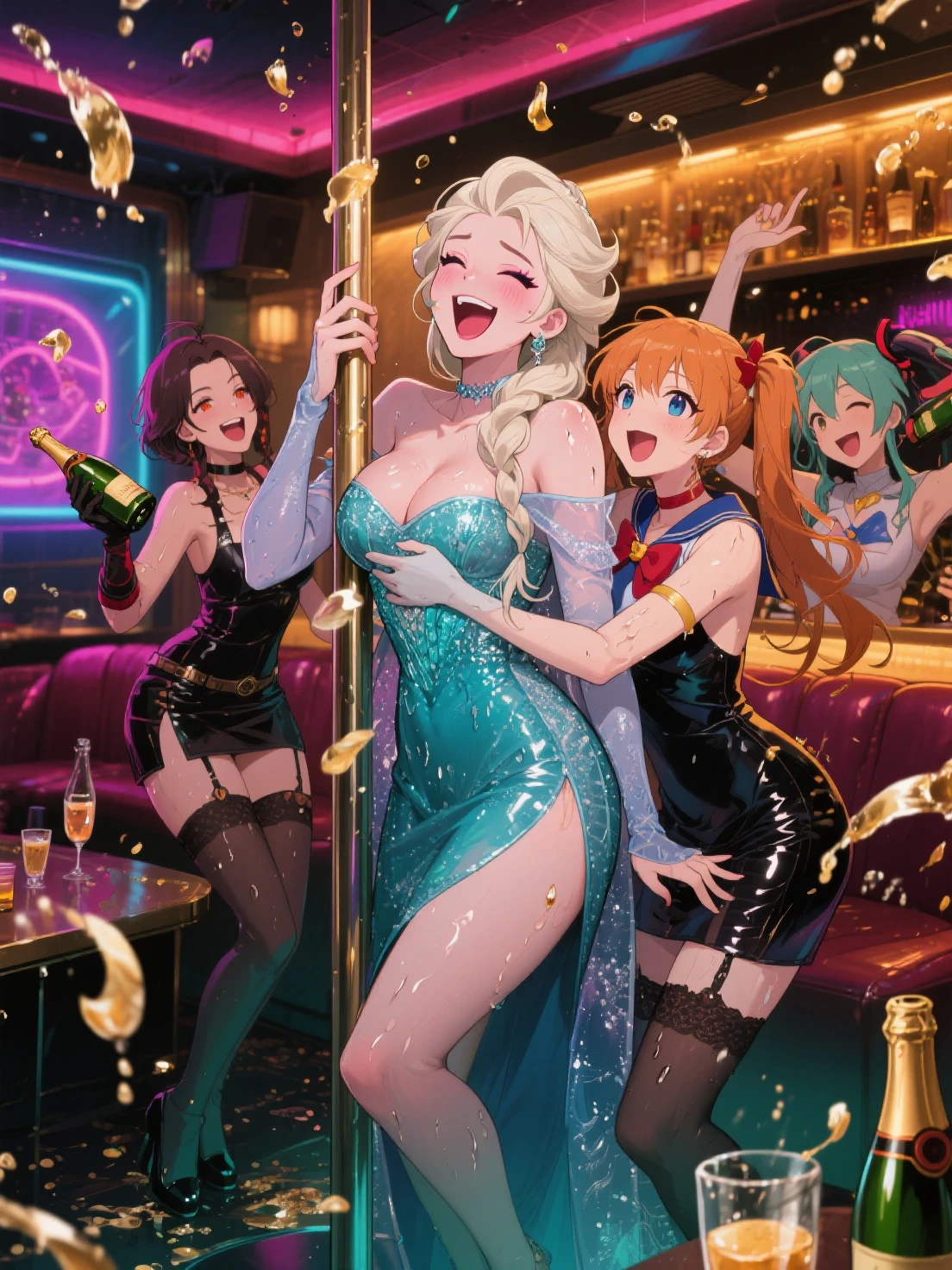 Pool，Revel and revel，bikini，joyous，Champagne，swimming suit，huge  boobs，Hands are meticulous，wet，Ligne Clair，（A Masterpiece，Top quality，Bestquality，offical arts，Beauty and aesthetics：1.2）