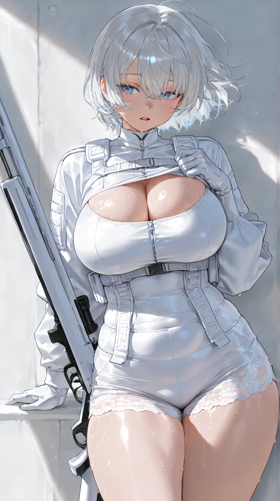 Grandiose, best quality, highly detailed RAW photo, front shot, full body, (YoRHa No.2 Type B:1.5), ((blindfold)), (wearing black see-through dress:1.2), long sleeves, large breasts, (neir automata), (short hair, white hair), (red lipstick:0.5), (beautiful background), (highly detailed skin), shallow depth of field, professional studio lighting, (backlighting:0.5), (diffused soft light:0.6), (highly detailed skin), 35mm film scan, photographed on a Sony Alpha 7R V, 105mm lens, F/2.8 aperture, ISO 100, (intricately detailed, fine details), photo realistic, HDR, 8k, sharp focus, film noise
