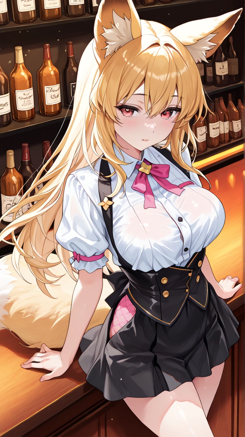 最high quality、best image quality、masterpiece、teenage girl((20-year-old、 By becoming、vest bust、medium bust,wide open breast tea、shining eyes, blonde hair、long hair、thin,highest valley、ponytail、Bartender costumes、mini skirt、holding a wine bottle、smile、black gloves、chest holder)),high quality、beautiful art、background((night bar))debris flies、Depth of written boundary、movie、visual art、perfect art、8k,genuine、