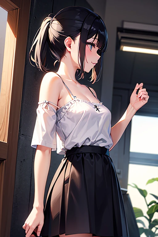 (1 person、alone), Beautiful woman, Anatomically perfect body, (Slender、Slender figure), (White tennis wear、skirt), (Look down:1.2), (Pussy juice:1.1)、(Hug your chest:1.2)、18-year-old、(Highest quality)、Black Hair, (half updo)、(8K, High resolution)、(shy:1.4)、medium breast, (steam:1.1), (embarrassed:1.3), Erect nipples、Inner thighs