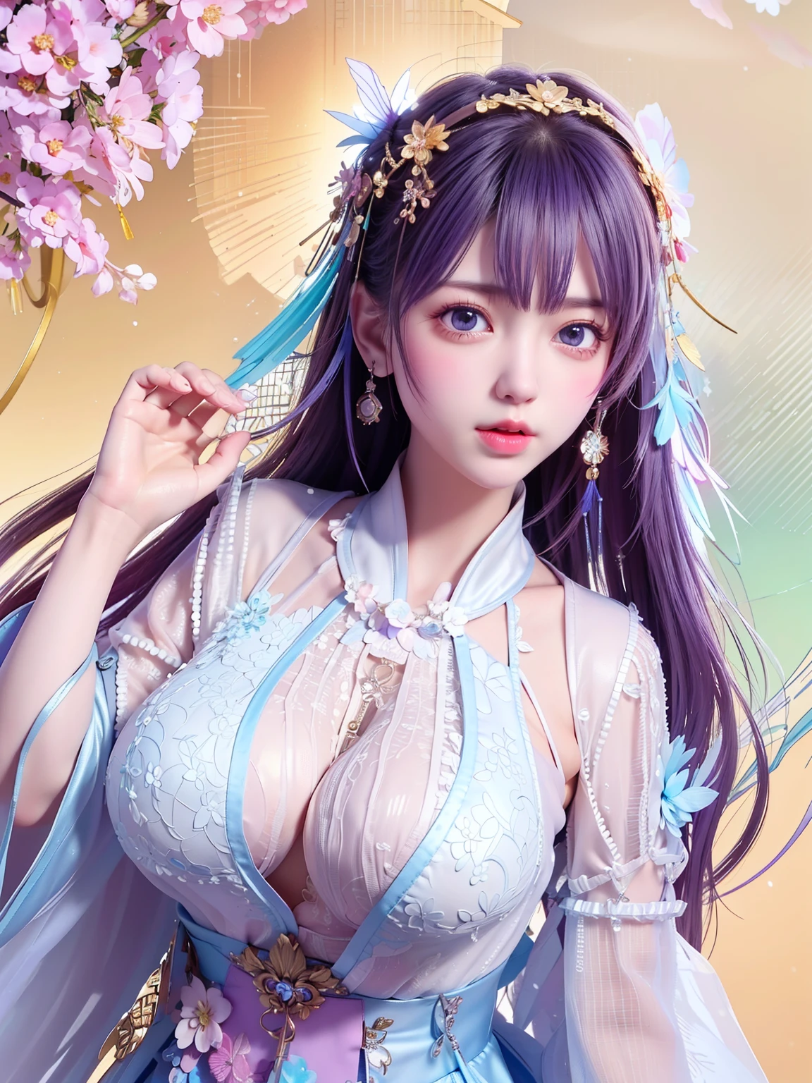 delicated best quality ,masterpiece, illustration, an extremely delicate and beautiful, extremely detailed ,CG ,unity ,8k wallpaper, Amazing, finely detail, masterpiece,best quality,official art,extremely detailed CG unity 8k wallpaper, absurdres, incredibly absurdres, huge filesize , ultra-detailed, highres, extremely detailed,beautiful detailed girl, extremely detailed eyes and face, beautiful detailed eyes, light on face,1girl, (Super realistic), ((( purple hair))) , (purple eyes), (Twin Tails), (Rabbit style (tied high on top of head)), ((jewelry)), (slave collar), (gem earrings), (bracelet), (((describe the arm in detail))), (((Super boobs))), ((sagging breasts)), ((huge breasts)), (milk cow's udder), (armpit), ((Plump body)), (Big breasts), ((Plump boobs)),, (detailed description of hair), ((upper body)), (Bare shoulder), ((collarbone)), (off shoulder), (Shiny skin), (detailed description of face), (Extremely detailed description of the eyes), (detailed description of body), (white and translucent skin), peerless beauty, (extreme beauty), (red lips), (shy ), (seductive smile), (view from all sides), ((prom dresses)), ((long sleeves)), ((wide sleeves)), (((sexy lace lingerie))), (((cherry blossom))), (falling petal), (She sits gracefully by the tranquil cherry blossom lake, moonlight), the water surface is reflective, (any pose), (((soaked))), ((There is a lot of water on the body))