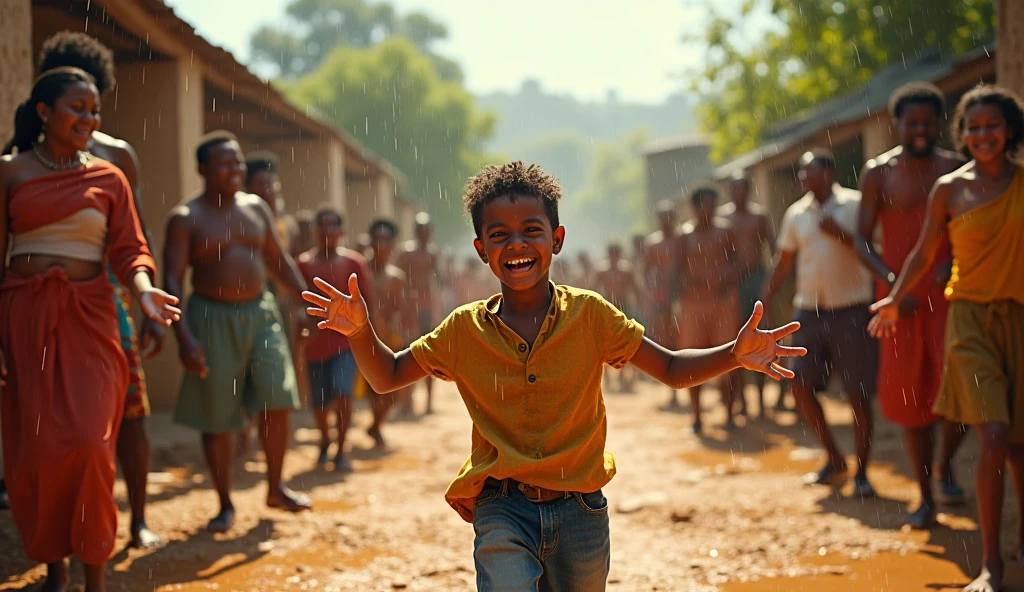 A boy in Indian clothes, cor de Pele preta, menino negro, indigenous boy, correndo na floresta, ele esta correndo na mata, sorrindo, roupa africano, menino africano