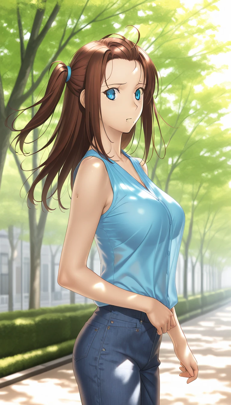 masterpiece, best quality, highres, aamazaki, (antenna hair:1.2), , green shirt, sleeveless, bracelet, belt, blue shorts, white thighhighs, <lora:mazaki_anzu_v1:0.7>, cowboy shot, standing, outdoors,