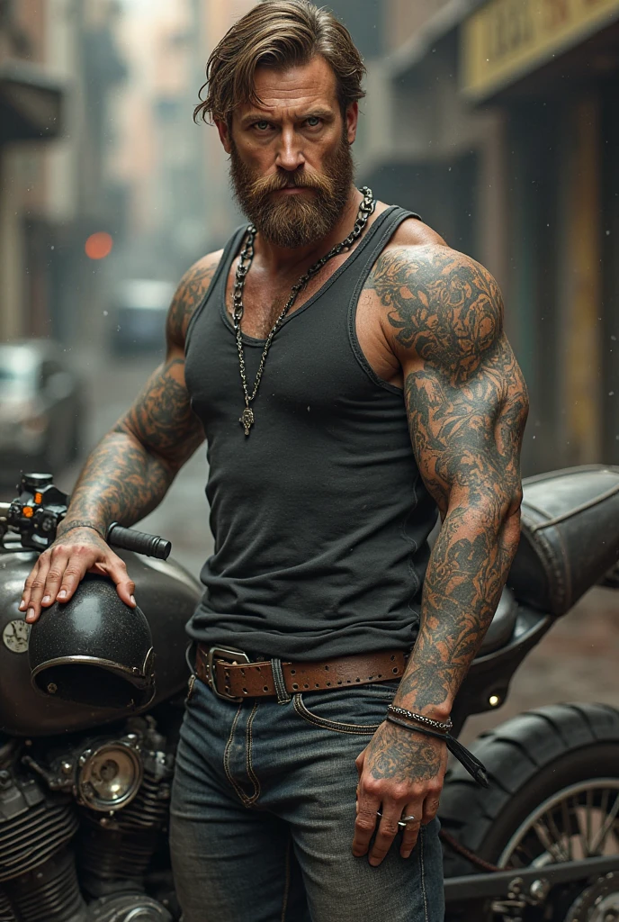 ((best quality)), ((masterpiece)), (detailed),male, perfect face,blonde beard, tattooed, ripped, army officer, showcasing perfect biceps, veins popping, sweaty muscles, Bodybuilder size,perfect sixpack abs, broad strong chest, wearing army camo pants, wearing a unbuttoned camo shirt, showcasing a coverd body in highly detailed tattoos, huge muscles, tattooes covering his body, sexy aura, strong and protective, has to keep you save, forest in the background, lustfull eyes, getting stuffed to the brim, looking you closely in the eyes hungry for love, tattoos on his arms belly and chest