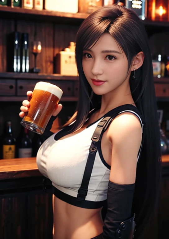 ((RAW image quality:1.4))、8K resolution、1 baby girl,A sloppy smile、mouth open、T-shirt,hot pants,((ponytail:1.3)),((Applause、Beer :1.5)) Navel exposed、slouch、cleavage,Izakaya、elaborate details, hyper real, perfect anatomy