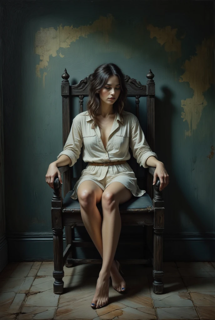 a woman sitting on an armchair, drinking tea, anxious expression, detailed facial features, soft lighting, muted colors, moody atmosphere, oil painting, cinematic composition, intricate details, photorealistic, high resolution, masterpiece