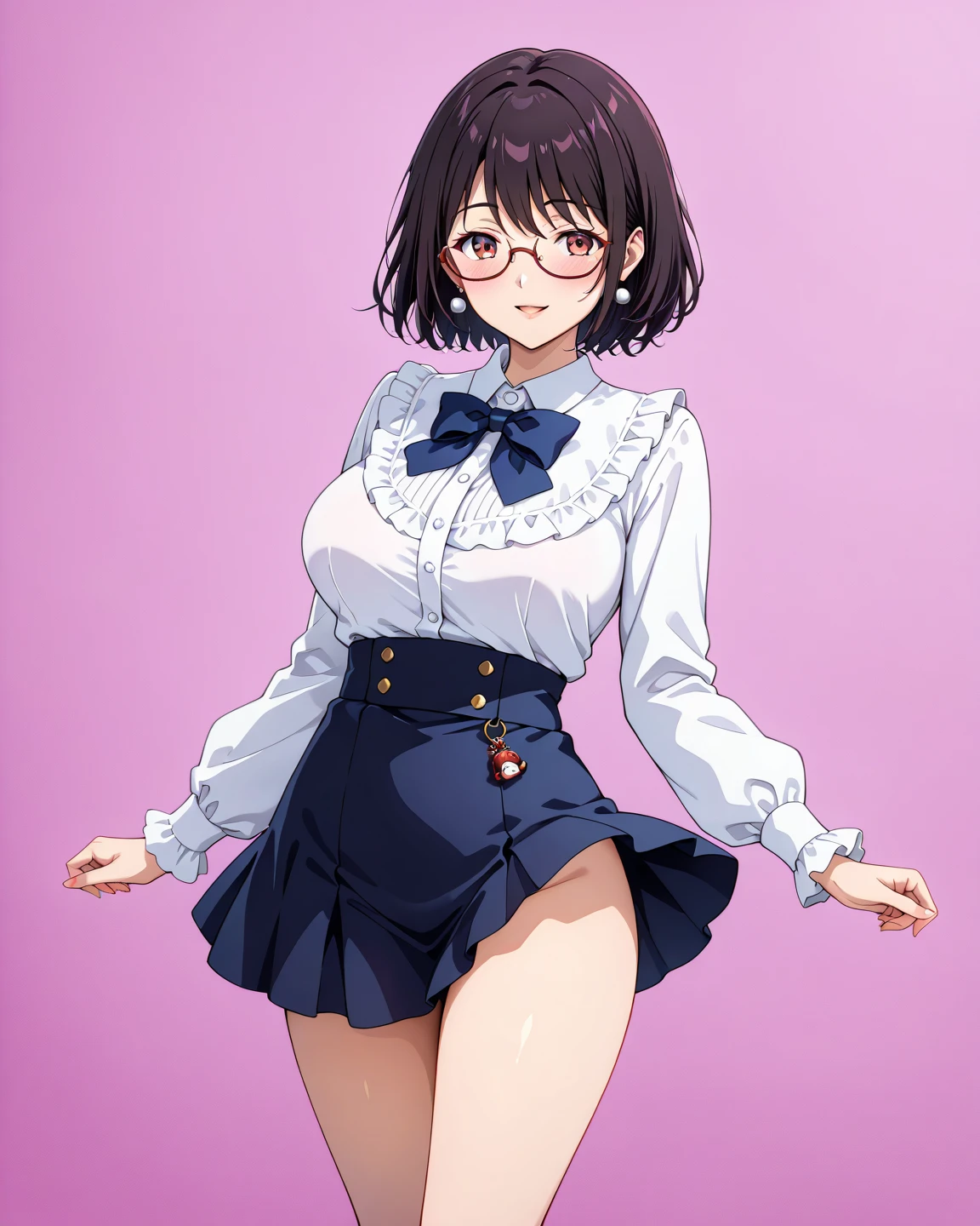 score_9, score_8_up, score_7_up, score_6_up, score_5_up, score_4_up, BREAK 1girl, (black hair:1.2), bob cut, short hair, tomboy, black eyes, long eyelashes, half-closed eyes, (red-framed eyewear:1.1), black choker, messy hair, (asymmetrical hair:1.2), adult, mature, black eyeliner, ear piercing, BREAK solo, standing, wave, big breasts, adult, broad shoulders, tall, white collared shirt, long sleeves, light brown cardigan, open cardigan, black pleated skirt, black microskirt, black miniskirt, (black thighhighs:1.1), (shirt tucked in:1.1), black nails, skinny, BREAK white background, simple background,