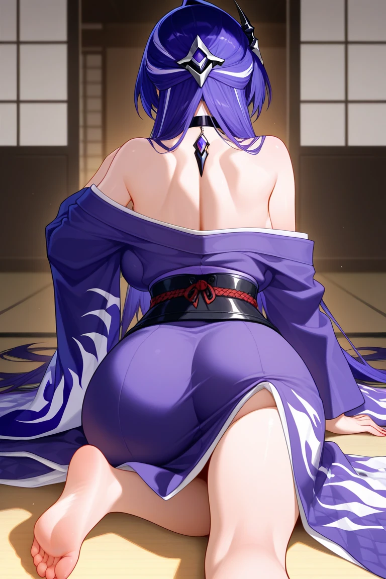 anime girl long purple hair wearing a black Robe. she has pointy ears. Witch Hat. Manga kawaii. iridescent ,An illustration, 0ne person .look back