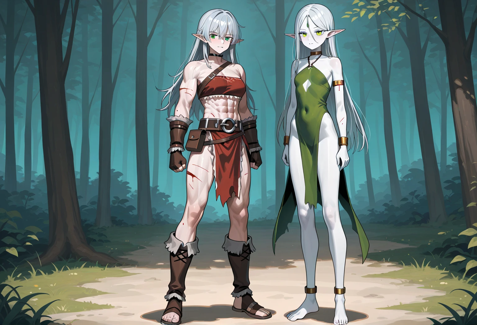 Full body, masterpiece, female drow elf purple skin standing pose (yellow tiger bikini), red cape, red bikini, long white hair, strong body, abs, Ultra Quality, Atmospheric, 8K, Cinematic, BREAK, Sunglasses, ((white background))