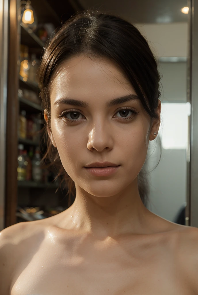 she latin woman with brown hair, toute nue, nipples that point, face detail, elle a des yeux très brillants, realistic face, face detail, Realistic skin, pores on skin, vibrant, Dramatic lighting, Image de résolution 8k, beaucoup de détails sur la photo, Very realistic image, Dramatic lighting, tout le corps, depth, shade, dramatic shade, photo unique en son genre, Photo nette, Nice on the details, en regardant la caméra, full body view, (((best quality, debout dans la maison: 1.3)), Longhaire, ultra high resolution. Photorealistic:.1.4, garage bottom, Cinematic lighting, floraison, grain de film, Fujicolor, high quality, head of&#39;artwork, 8k, uhd, uhd, retina, textured skin, Great detail, high details, high resolution, 16k resolution, prime, high quality, high details, Great detail, messy bun, 25 ans, neckleace, courbes parfaites