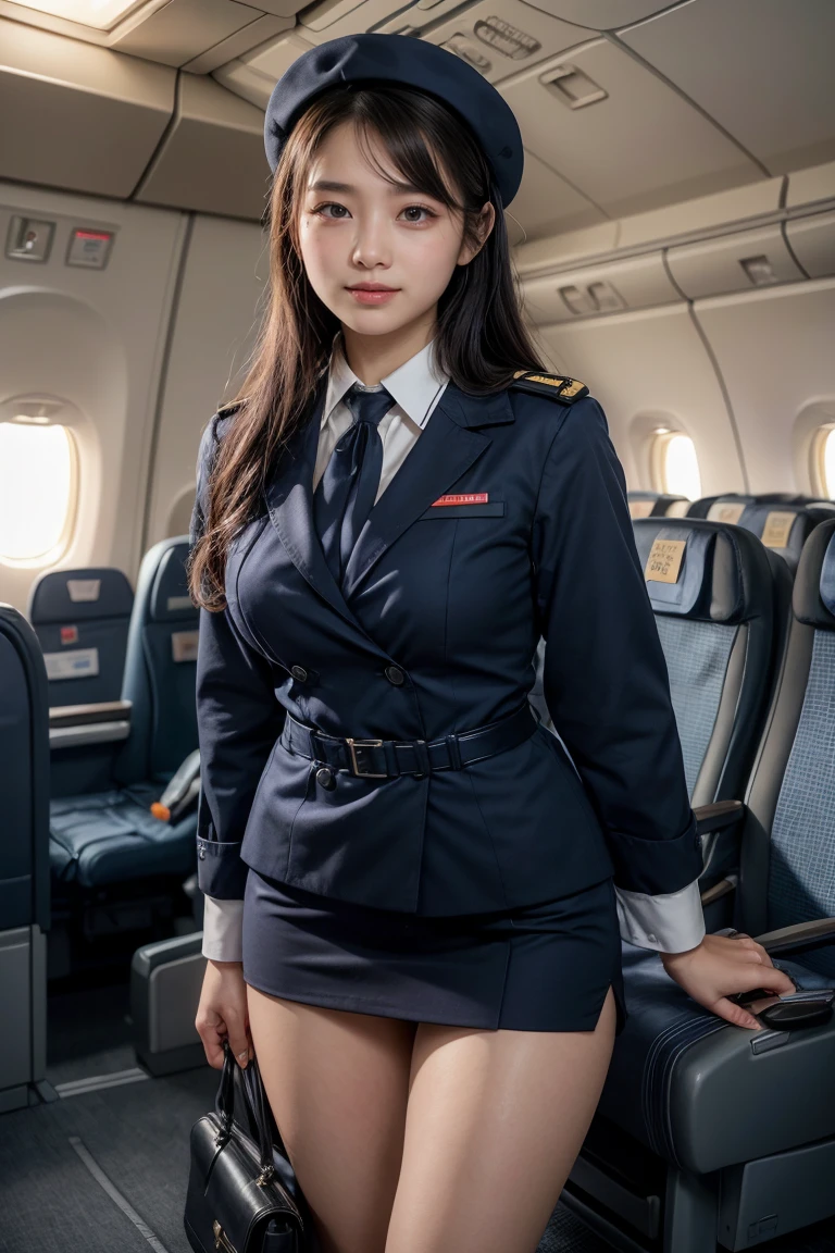 a beautiful girl in a stewardess uniform, perfect body proportions, symmetrical eyes, detailed face, viewer's look, inside the airplane, front view, shoulder jump, (best quality,8k,highres,ultra-detailed,masterpiece:1.2),(photorealistic:1.4),absolute area(1.3),bokeh