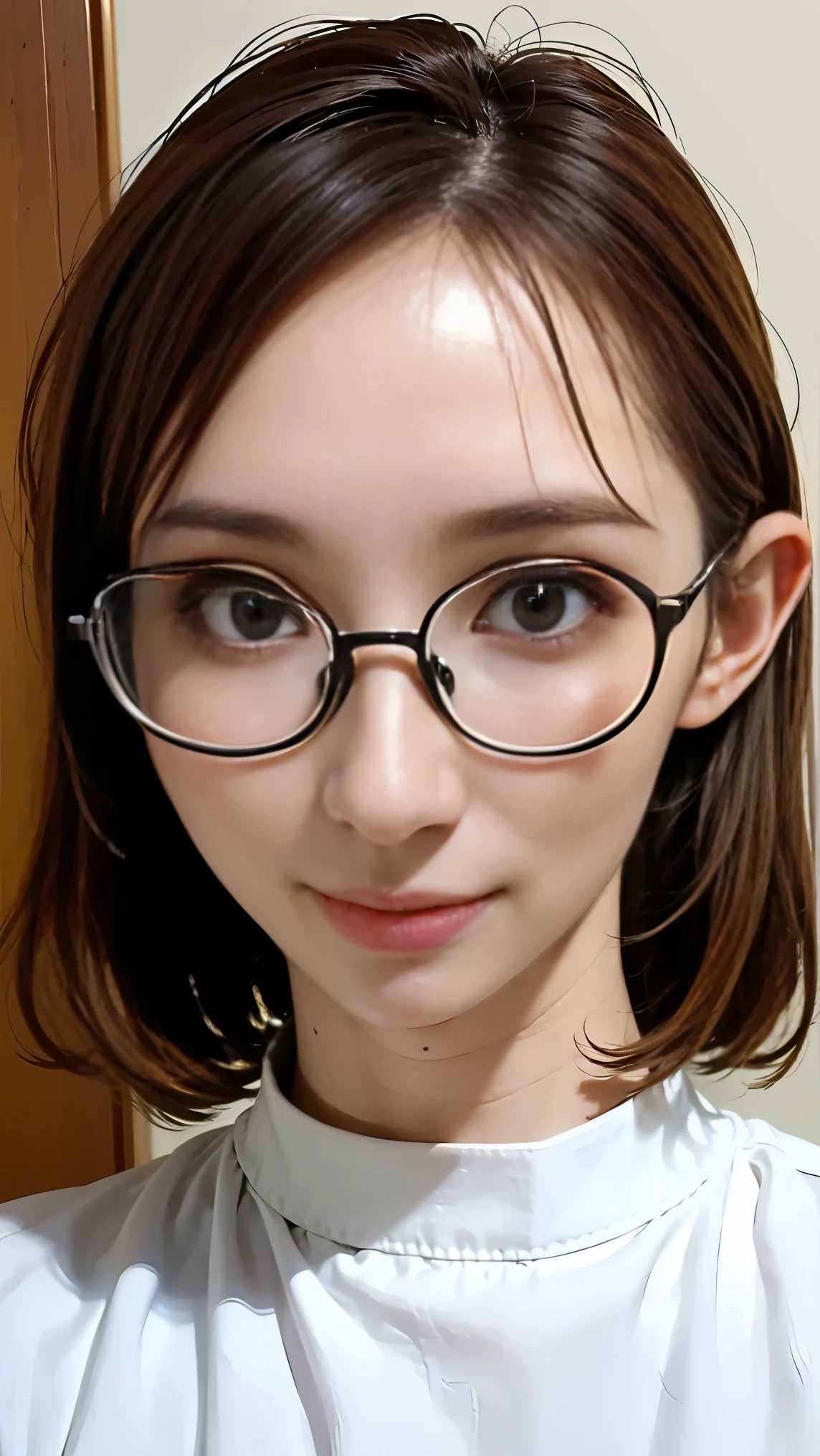 ((Highest Quality、masterpiece、high sensitivity、high resolution、detailed explanation、draw a delicate face、８Ｋ)),((slender woman、wears glasses)),futuristic building with a delicate face、Expo escort girl at the entrance of a、guide、
