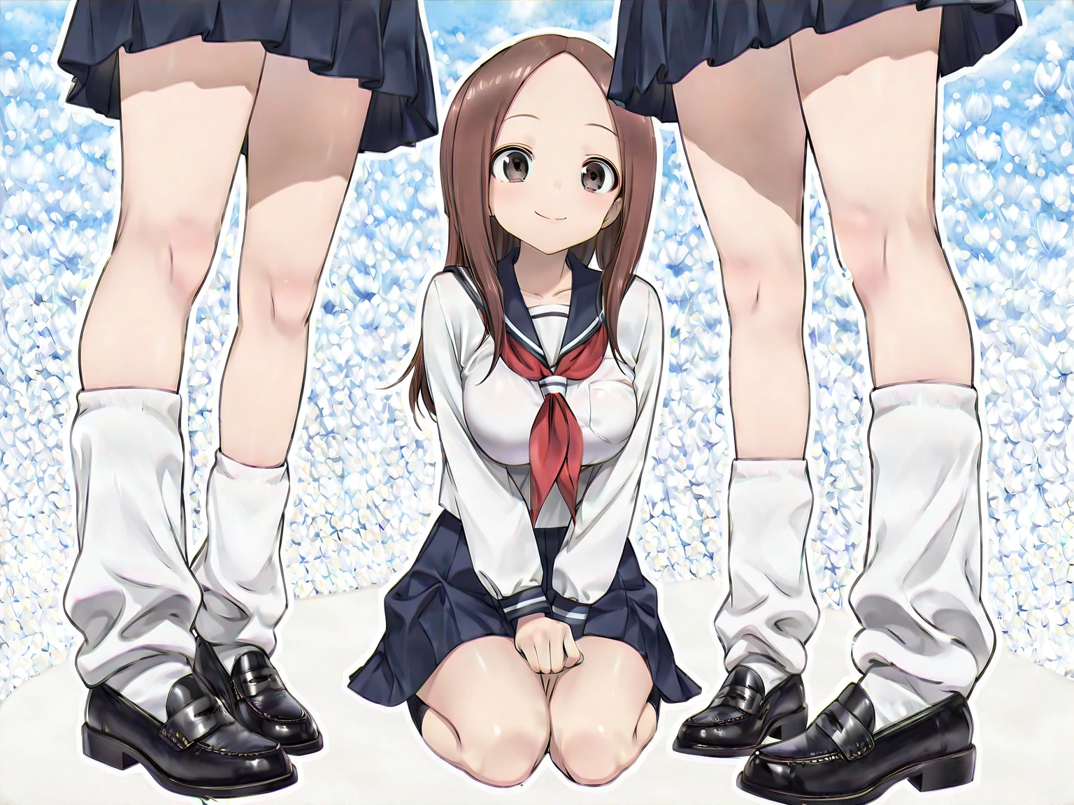 highest quality, Ultra-high resolution, (Realistic: )2D official style cel animation,((2Girls sitting in a row))Primary school students、Brown、ponytail、White Big Ribbon、Glasses、Quilted mini skirt,summer shirt,Unbutton、(Lace panties),loose socks,sneakers,Full body portrait,(From below),Station stairs,sunny,Spread your legs、from the front、blush、shut up、