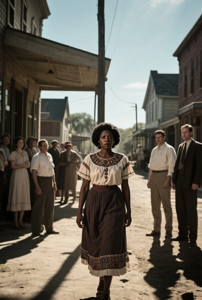 A vibrant town called Meridian in the 1930s with a black midwife holding a newborn baby boy, Jessie, under southern skies. Three black sisters and a black brother standing nearby, cinematic action, cinematic lighting, backlighting, masterpiece, anatomically correct, textured skin, super detail, 8k atmospheric perspective, depth of field,
