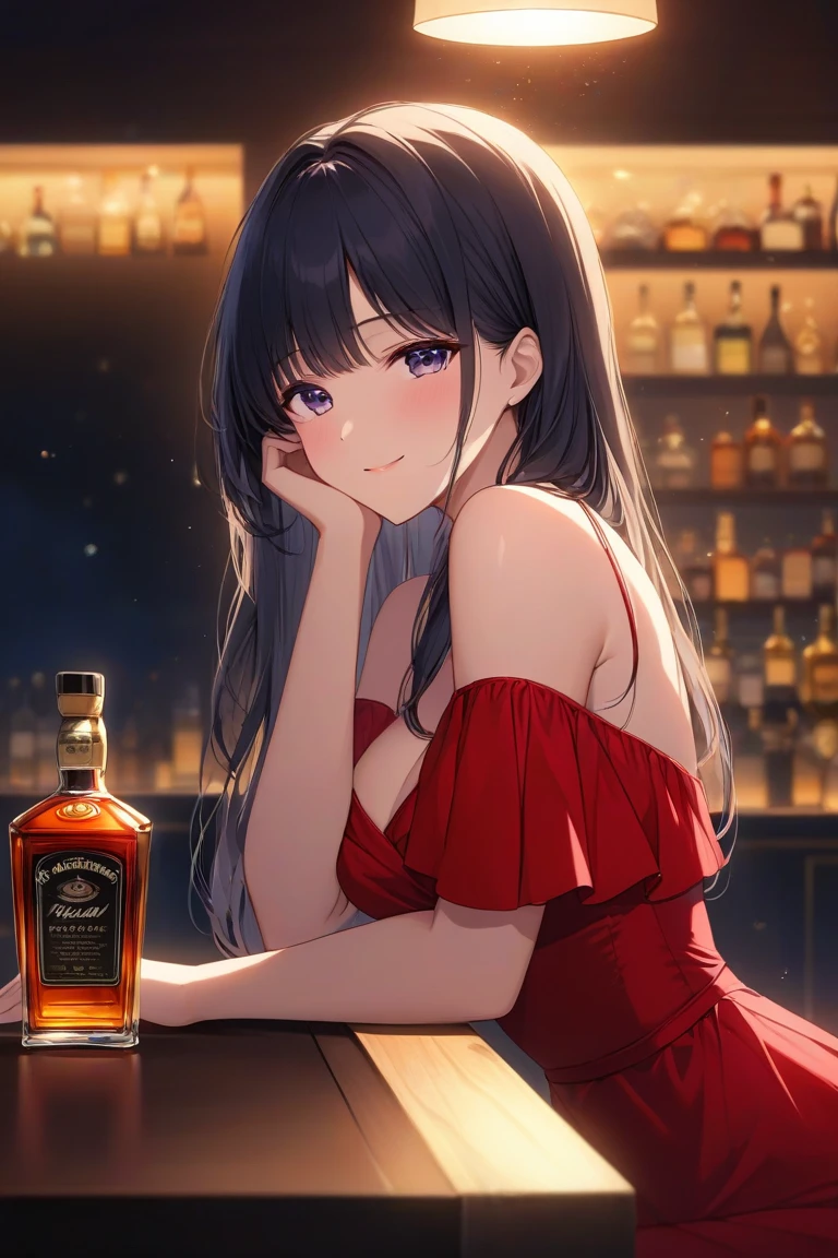 best quality, 4k, high resolution, masterpiece:1.2, extremely detailed), sad expression looking at the camera, Large Breasts, 30 years old girl, solo, black hair, long hair, blue eyes, (drunk, blush), sitting, drinking, ((Mature sexy body)), Black stockings, Black tight skirt, Mature sexy body, holding mug, counter, bar, (Stylish bar) indoors, ((Cocktail glass) full of colorful liquor), (Dimly lit room), Wine bottle, Detailed background, Fluffy hair, ((((Night background))))), (((In the bar))), Wine, Whiskey, Highball, (Shiny glow, Effect:1.2)