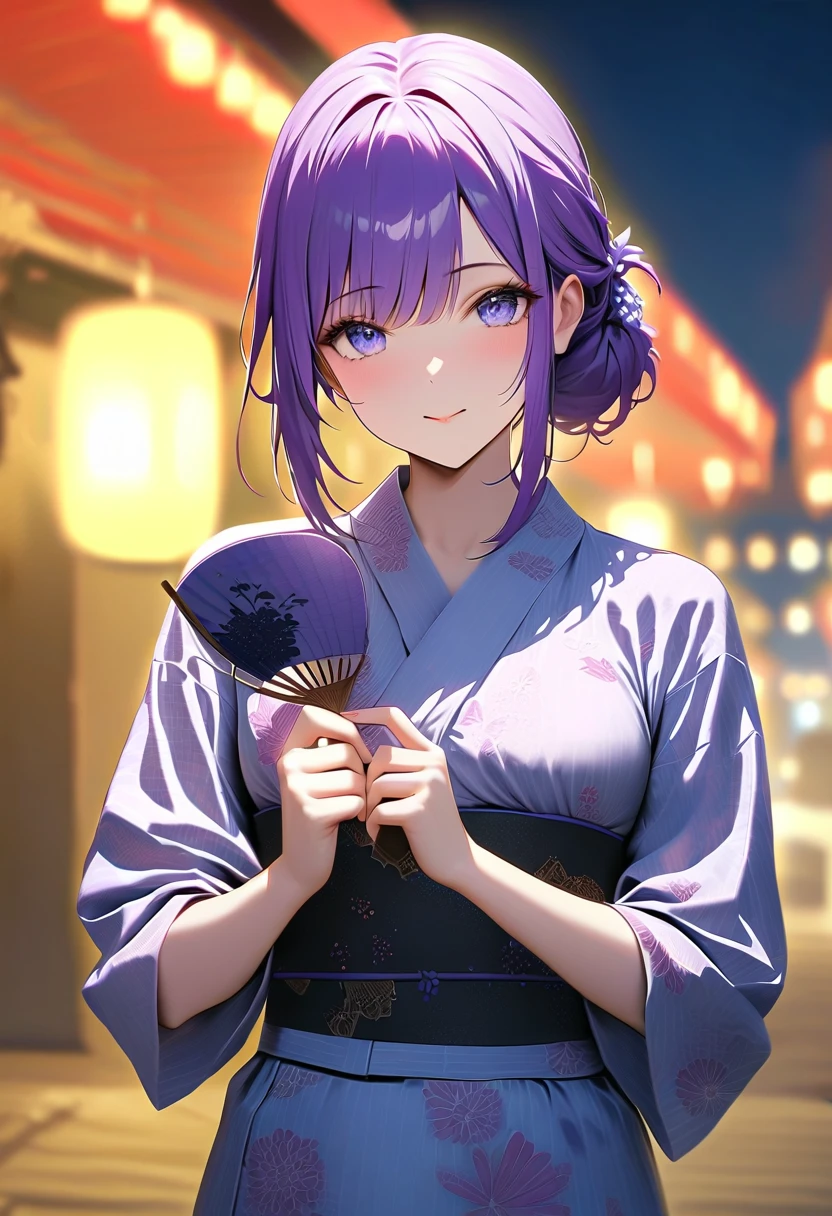 Best Quality,High resolution,8k,finelity detailed background,Masterpiece:1.2),beautiful girl,Shiny purple hair,bob cut,Purple Eyes,Gentle look,A refreshing look,smile,Best quality,Best Quality,Aesthetic and aesthetic:1.2,Best details((Super detailed))(High-definition CG illustrations),kimono,yukata,Slender body,night,festival,smile,blush,cute,Scrounge,Looking up,Being spoiled,super model,wariza,shoot from above