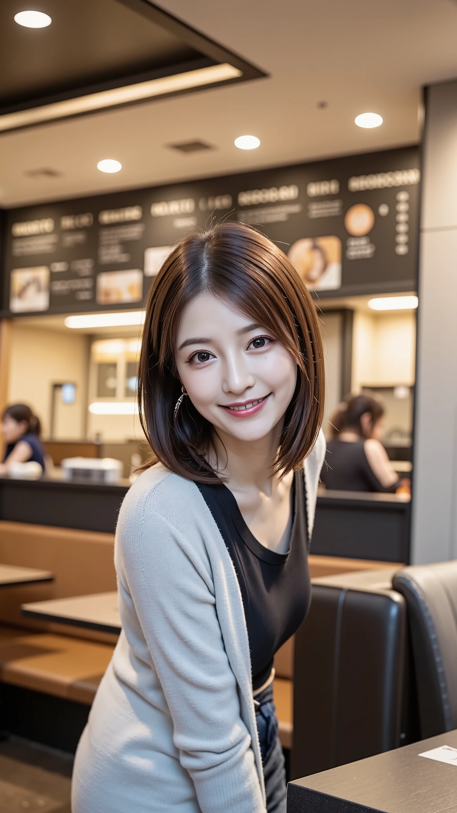 12k、high resolution、 bit depth 10 bits、WITH RANDOM OUTFITS、 hair tied:1.5、At McDonald's、 In a standing position、Model with shining lightning、with a smile:1.5、 white teeth visible、sneakers、Traveler、