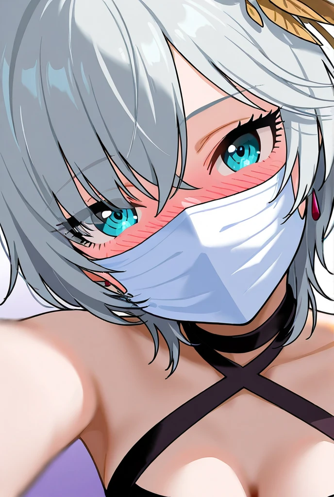 a cartoon is posing in white and looks like a nurse or doctor, 1girl, mouth mask, breasts, virtual youtuber, solo, mask, clothing cutout, large breasts, surgical mask, hair ornament, cleavage cutout, braid, cleavage, sideboob, detached sleeves, dress, short hair, braided bangs, looking at viewer, grey hair