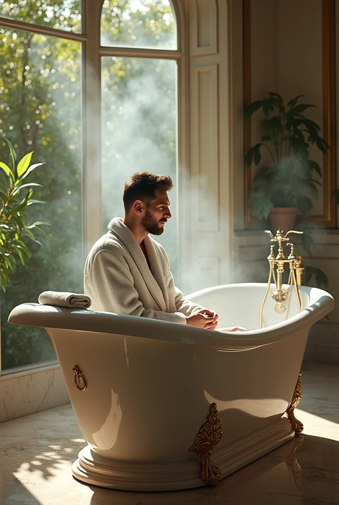 A young man from Guajira with a cell phone in his hand inside a bathtub