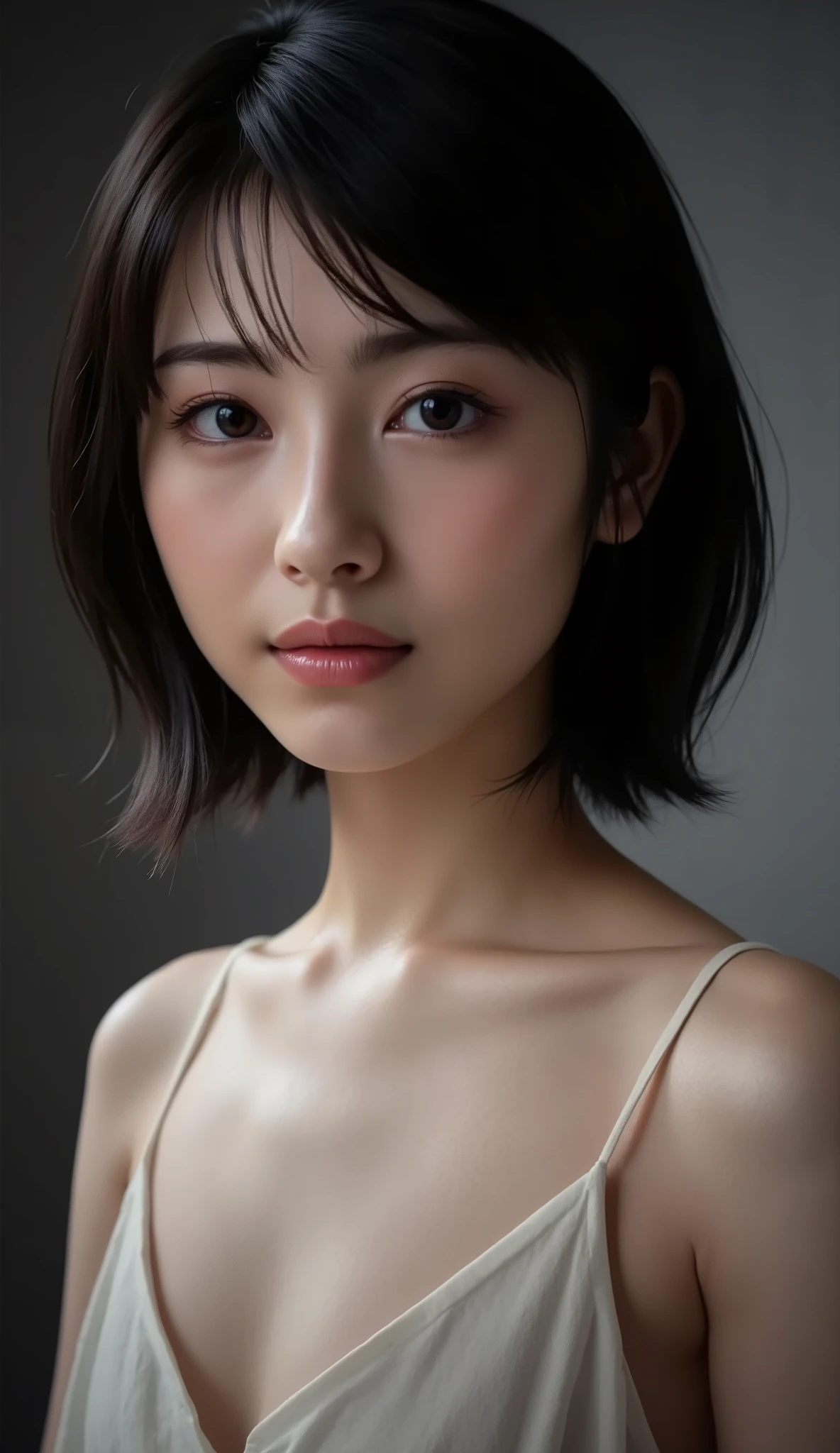 An expressionless girl, alone, high resolution, masterpiece, accurate, 解剖学的に accurate, number々awards , 最High Quality, High Detail, High Quality, with Penis Ultra High Accuracy, Textured Skin, black hair, medium hair, straight hair , Thin Waist、very cute Japanese woman、 beautiful white skin、 front shot、shot from a low angle when looking at a man 、very beautiful Japanese woman、Very Stylish Women、women are naked、completely naked women、very small flat chest