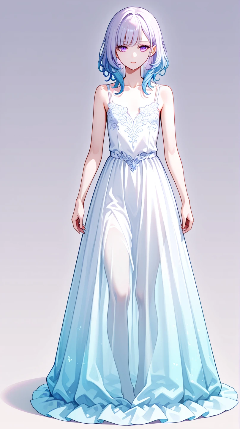 Anime style image of a woman wearing a blue and white dress, Wearing fantasy formal attire, Cute anime girl in a beautiful skirt, Clear clothing design, Suitable for whole body, Elegant digital art, anime Full body illustration, Full body illustration, Wearing a flowing dress