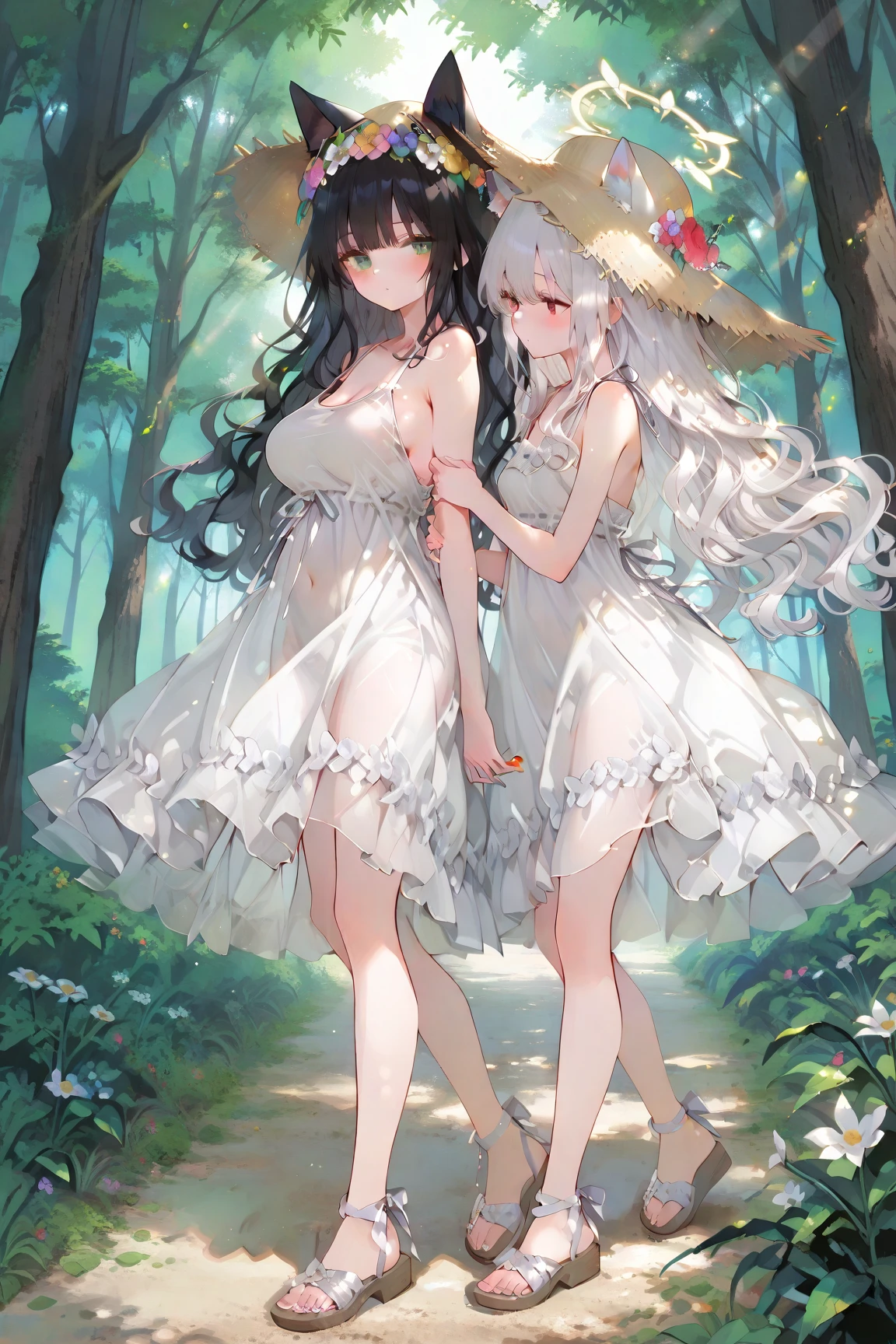 Three beauties,In the forest,Panic,small animal attack,All with bare legs,Forgot to wear shoes,Lateral face,Full transparent pajamas,vivaciousness,There are holes in the clothes,Kneeling pose,Show the back,Colossal tits