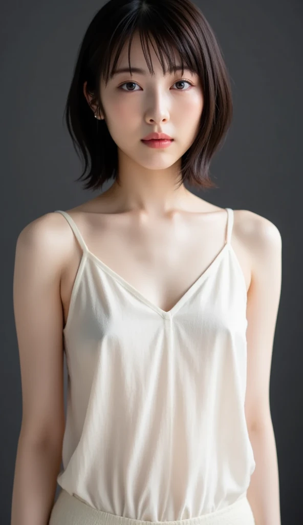 8K portrait of a young girl with short hair and fairer skin, transparent wet underwear, uncovered breasts, flat chest, see through fabric, cut fabric, elegant, highly detailed, majestic, digital photography, surreal painting, transparent dress, crotch, beautiful (masterpiece, side lighting, finely detailed beautiful eyes: 1.2)