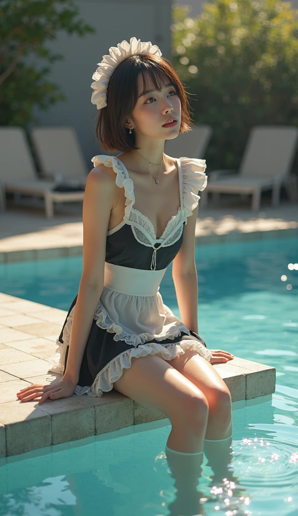 ass, gyaru, dark-skinned, shiny oiled skin, blond hair, wearing French maid costume with many fine frills, dark  night, in the water, cinematic lighting