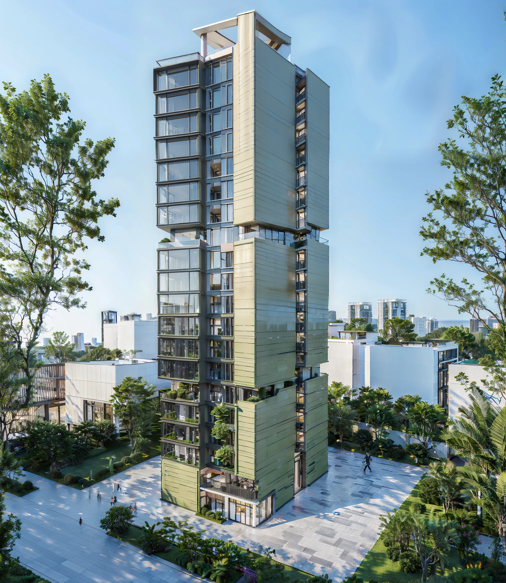 Tall , outstanding, 20 floor Apartment building by BIG, surrounded by small houses, villa, lawn, walkways. Realistic. people on walkways, roof top gardens, in acity