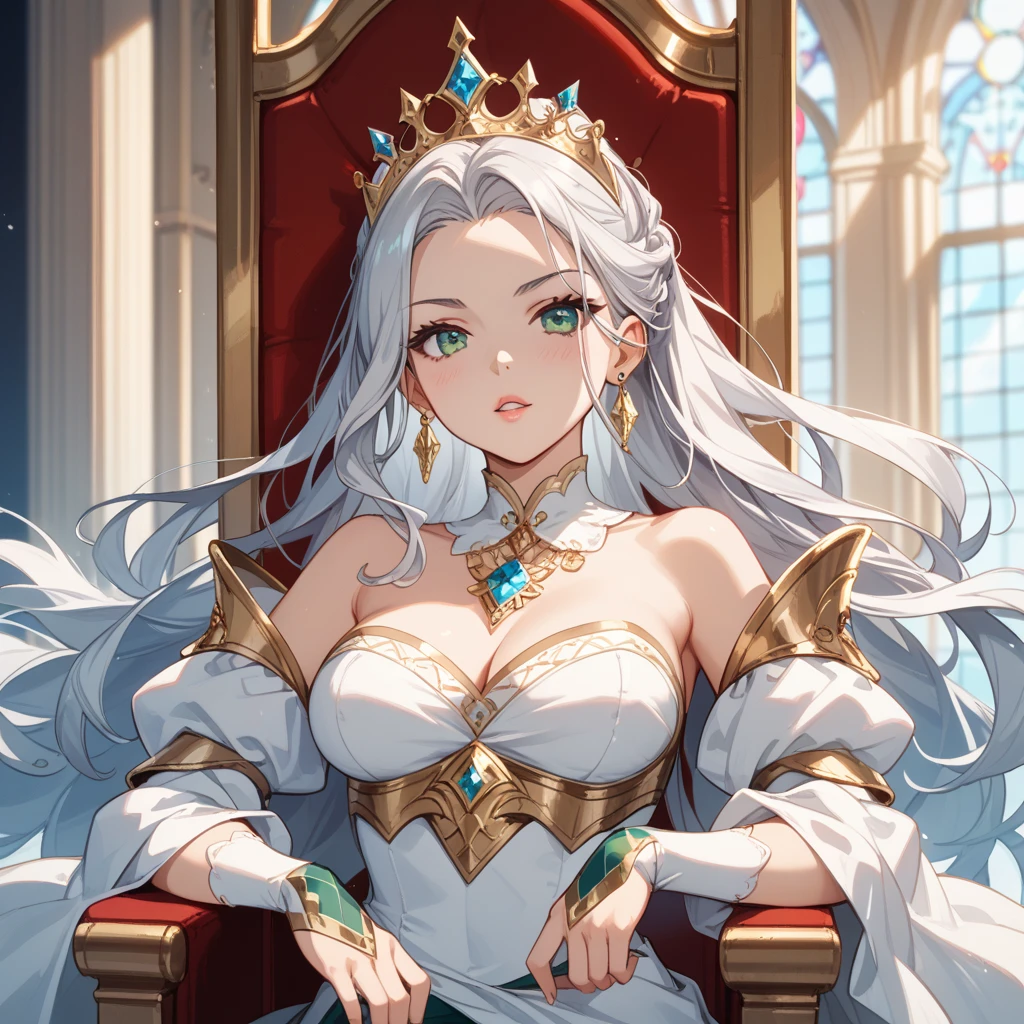 Woman sitting on a queen&#39;s throne, luxurious throne room, royalty clothes. ​masterpiece, beautiful woman, wide breasts, perfectbody. royalty clothes, white dress with gold details, open neckline, sleeveless