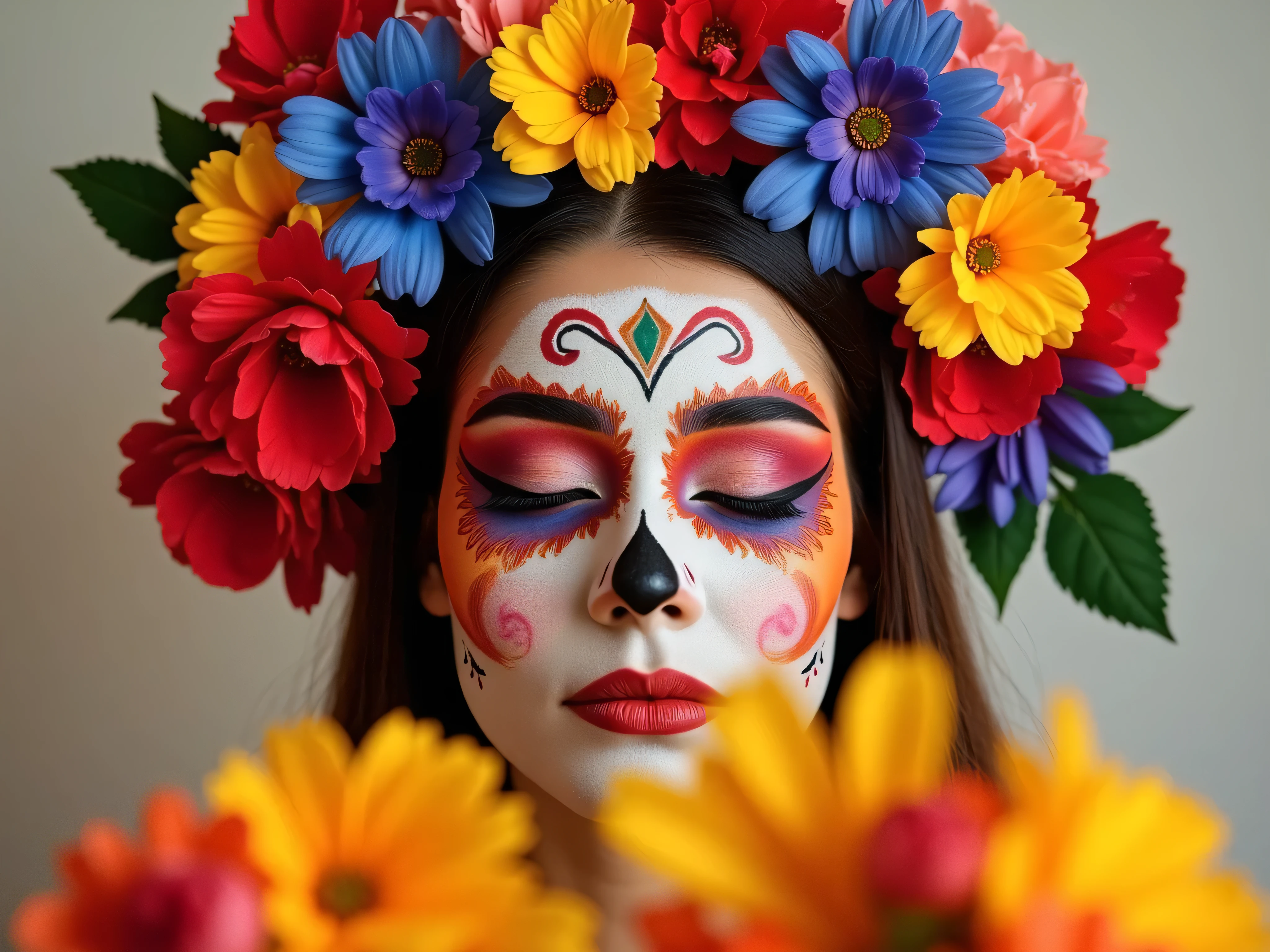 A close-up portrait of a woman's head only, with elaborate colorful makeup inspired by Mexican traditions, surrounded by vibrant multicolored flowers in the foreground. Her eyes are closed peacefully, and the background is soft and neutral to emphasize the vivid colors of the makeup and flowers. The image should focus only on the head — no body or background details beyond the head and flowers