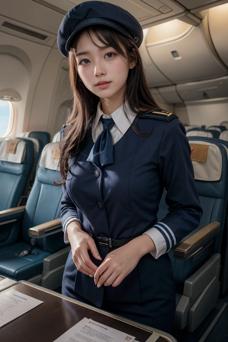 (8k, RAW photo, best quality, masterpiece: 1.2), (realistic, photorealistic: 1, .37), beautiful, Japan person, cabin attendant uniform, woman, on board the plane, professional lighting, photon mapping, torn, big, very small in size knitted tips protruding, areola protruding, pubic shape clearly visible, gal, a lot of lashes, Lame on eyelids, lips, heels, slender, open crotch, large and spilling out of uniform
