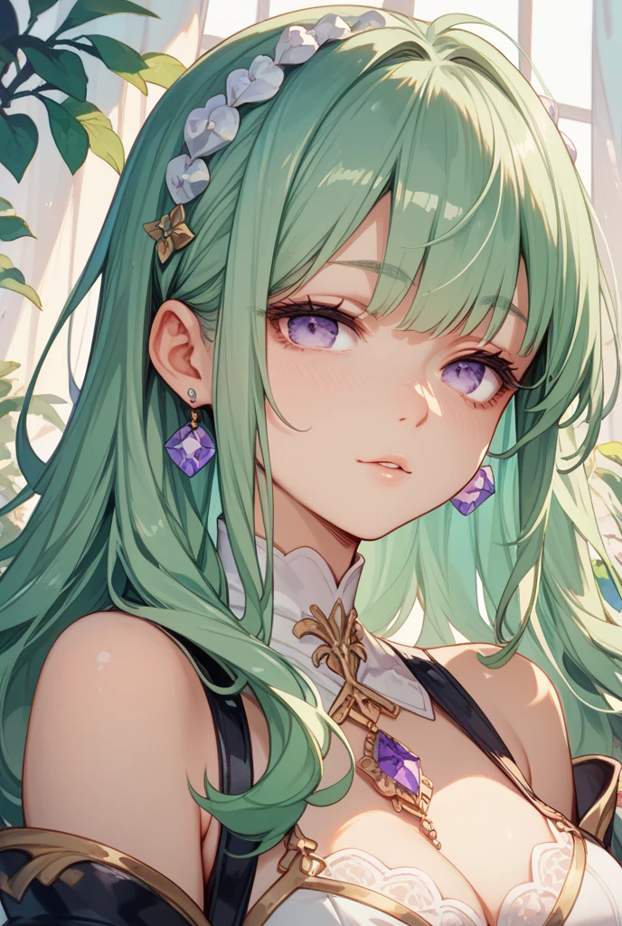 cleavage, (best quality,4k,8k,Altas,master part:1.2),ultra-detalhado,Realistic,Beautiful girl,hijabi,vestido verde,Olhos detalhados, Detailed lips,Rosto extremamente detalhado,long eyeslashes,fundo do jardim,cores laranja,cores verdes claras,cores roxas,lilac colors,cores amarelas,cores azuis claras.