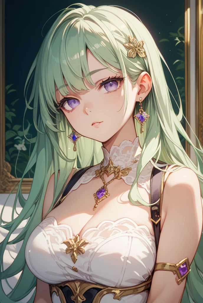 (masterpiece, highest quality, highest quality, official art, beautiful and aesthetic:1.2), (1 girl), very detailed,(fractal art:1.3),colorful,most detailed、green hair、purple eyes、