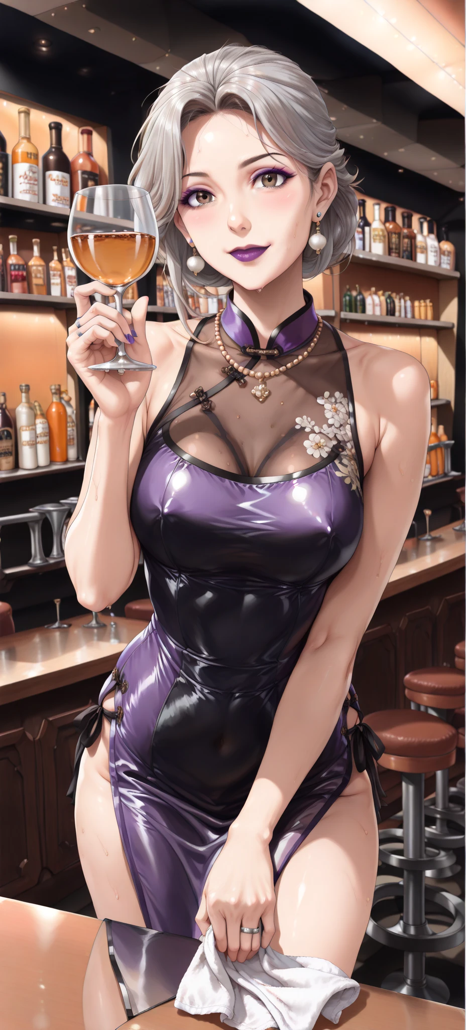 (Best quality, 8k, 32k, Masterpiece, UHD:1.2), kizuna ai, huge breasts,long hair, brown hair, multicolored hair, hair tied, pink hairband, pink highlights, streaked hair, smiling, party dress, no bra, backless dress, cleavage, hand bag, high heels, sleeveless dress, bar, night club , bare thighs, thick thighs, black dress, champagne glass, large dragon tattoo on thigh