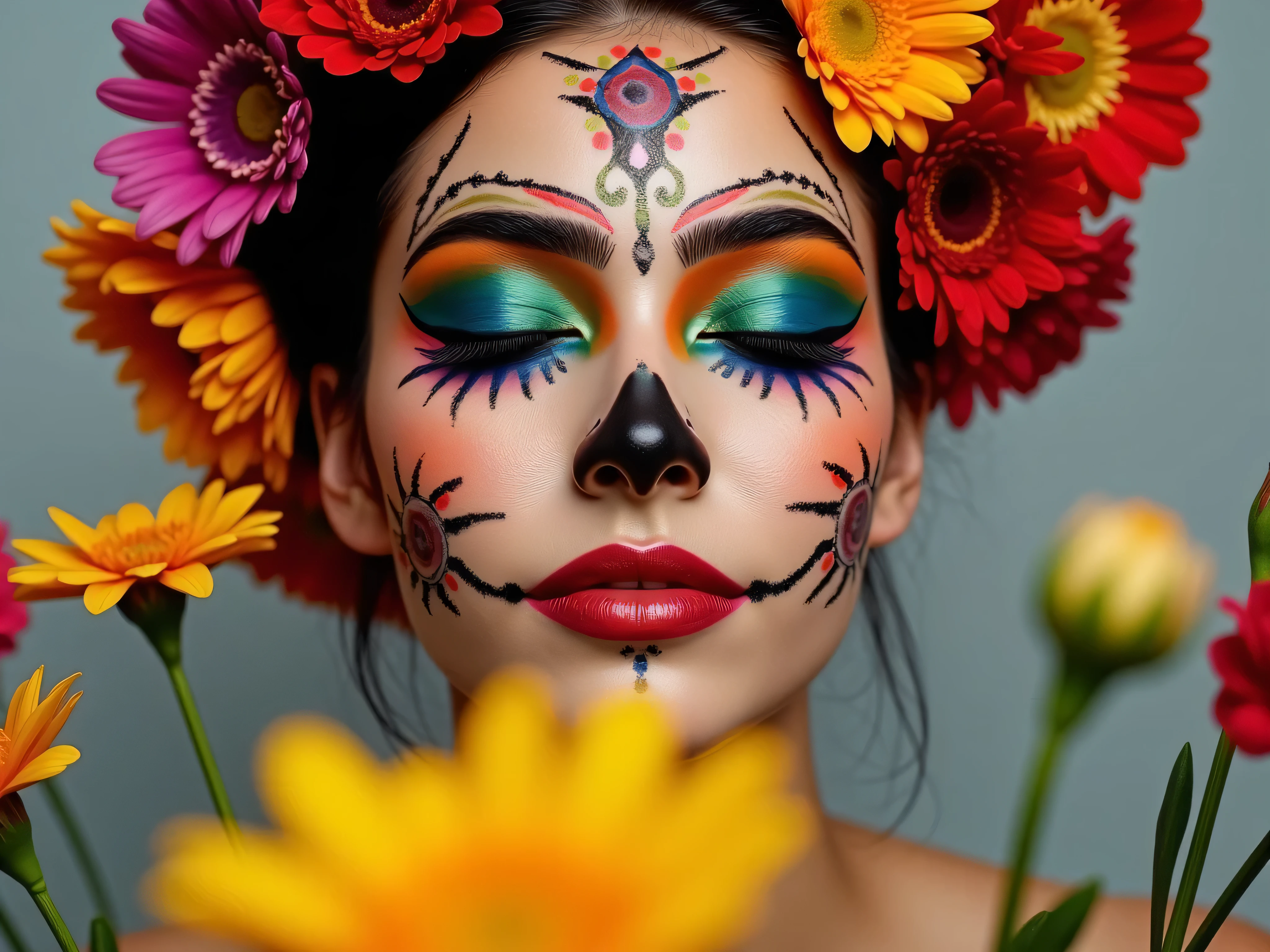 A close-up portrait of a woman's head only, with elaborate colorful makeup inspired by Mexican traditions, surrounded by vibrant multicolored flowers in the foreground. Her eyes are closed peacefully, and the background is soft and neutral to emphasize the vivid colors of the makeup and flowers. The image should focus only on the head — no body or background details beyond the head and flowers