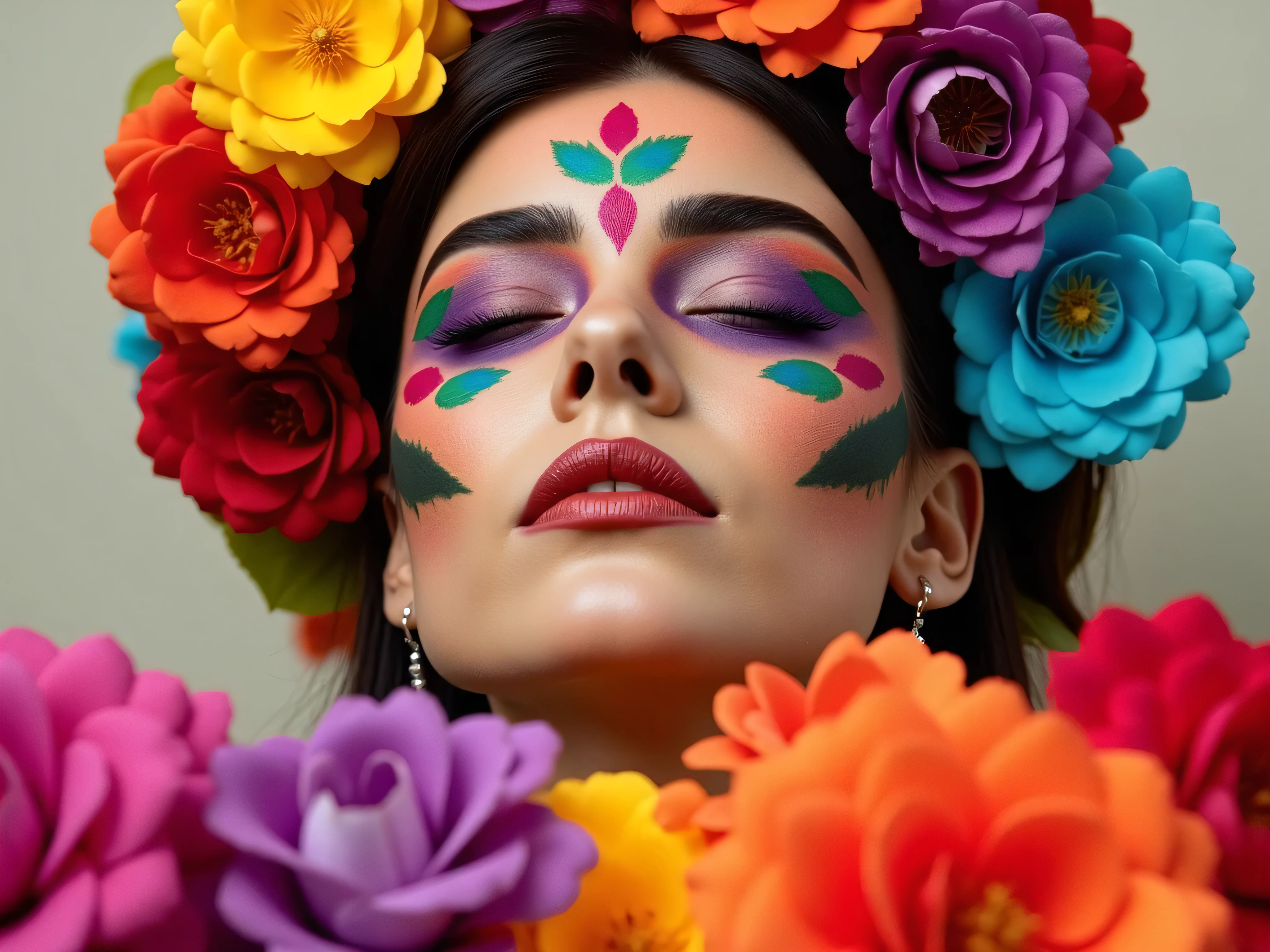 A close-up portrait of a woman's head only, with elaborate colorful makeup inspired by Mexican traditions, surrounded by vibrant multicolored flowers in the foreground. Her eyes are closed peacefully, and the background is soft and neutral to emphasize the vivid colors of the makeup and flowers. The image should focus only on the head — no body or background details beyond the head and flowers