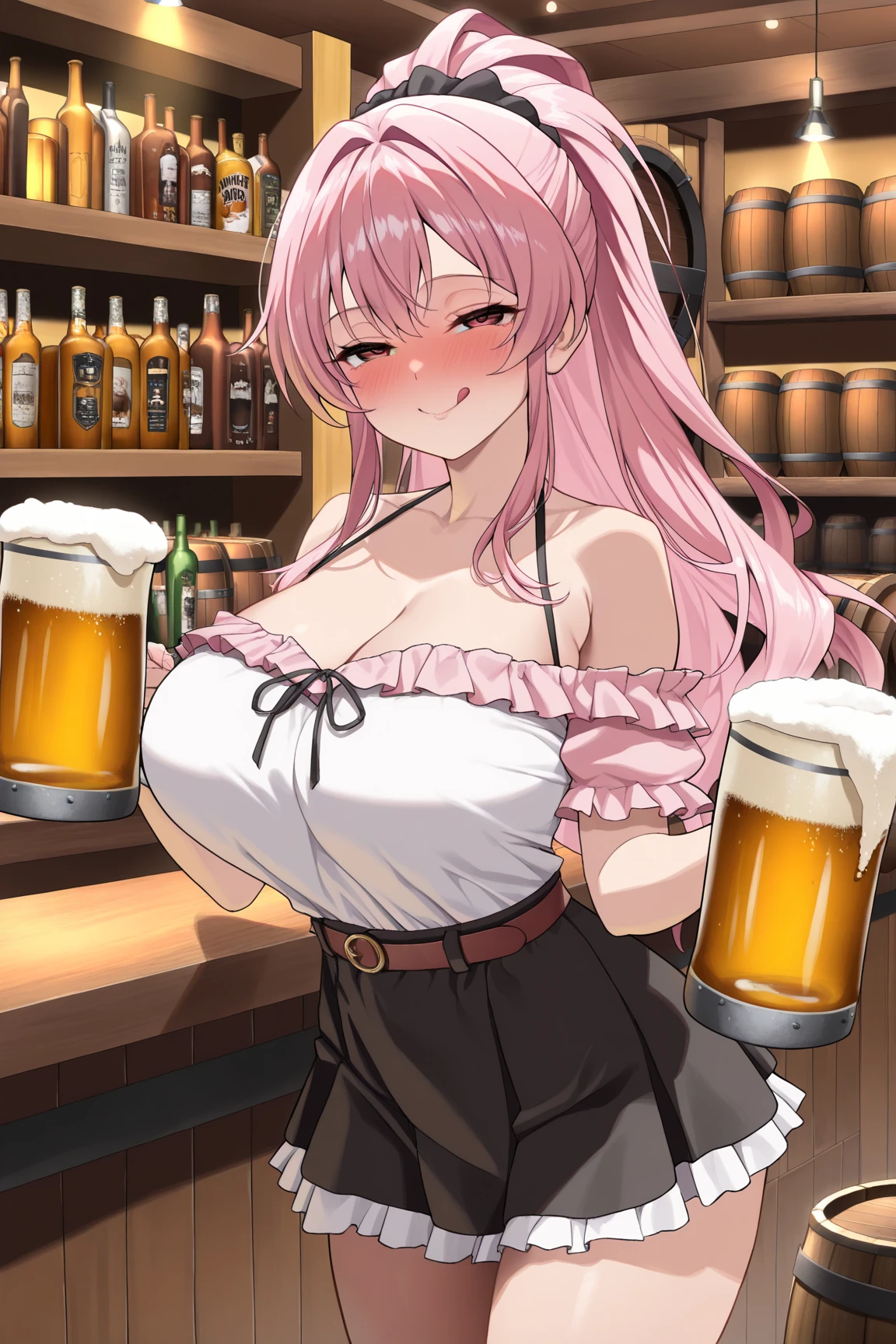 nonomi_\(blue_archive\), nsfw, masterpiece, 1 girl, erect nipples, bar, inn, intricately detailed, topless, navel, bare shoulders, tavern, men on the background, milk and beer, puffy nipples, extremely detailed, game, large breasts, nipples, bare stomach, sweaty, moist breath, cow print, collarbone, sweaty, light blonde hair, smiling, green eyes, long hair, cow horn, cow ears, choker, holding milk tray, tail, waist apron, leg strap, open mouth, lactation, drunk, nose ring