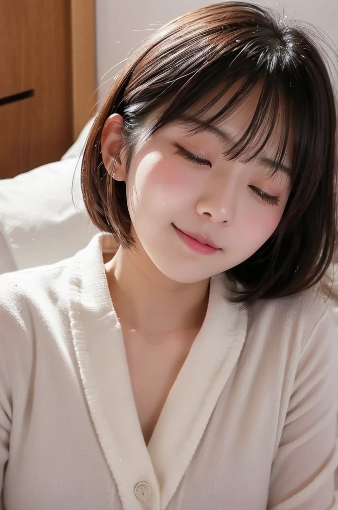 ((Highest quality)), ((masterpiece)), (detailed),woman、Japanese、若いwoman、((Wearing a white bathrobe))、Hotel Rooms、short hair、Bob Hair、Black Hair、G-cup breasts、Legs slightly apart、((On the bed))、(After sex)、((I am satisfied))、((Calm expression))、((sleepy))、Moments of Happiness、((Face Cast Down))、(Wet Hair)、
