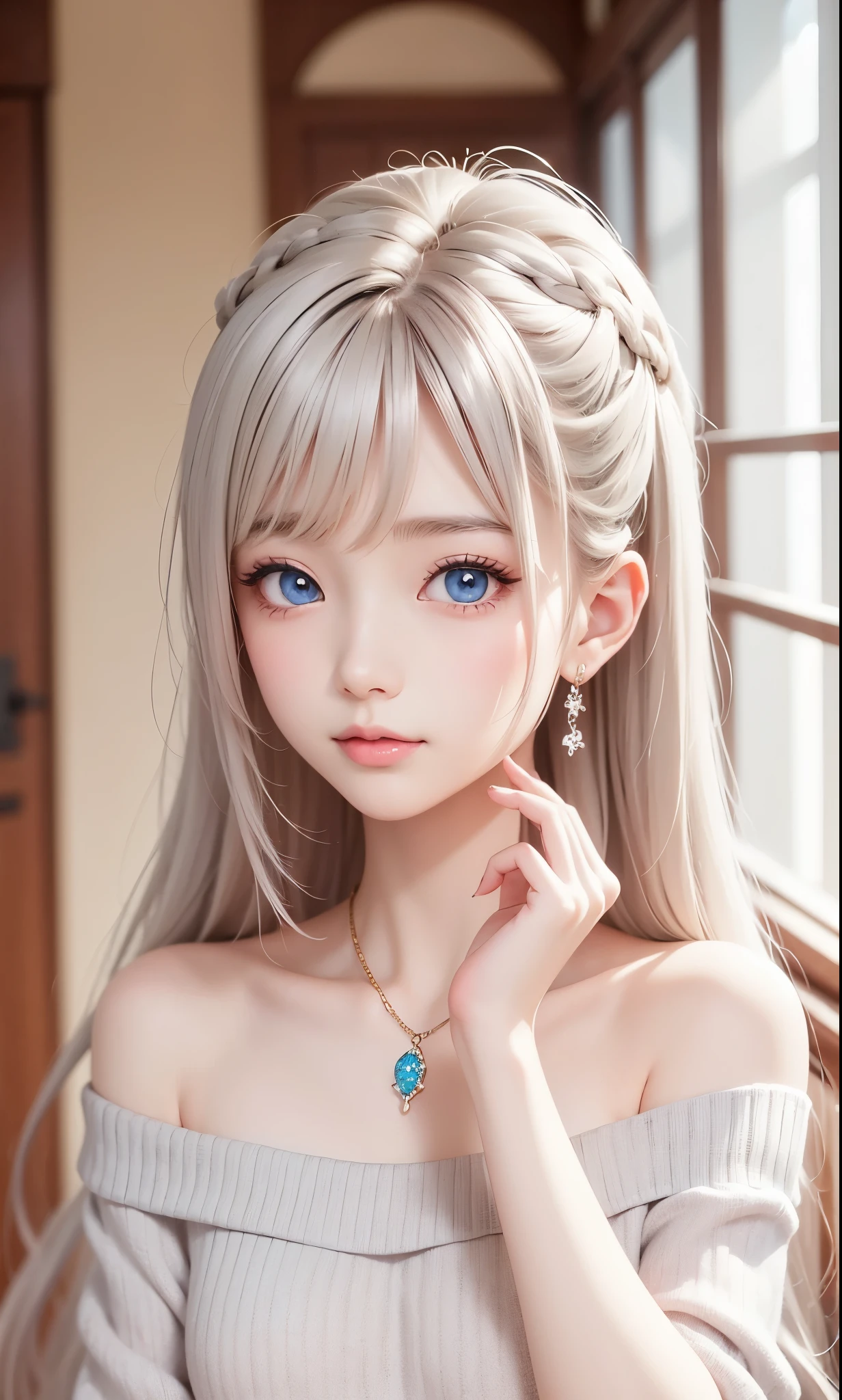There is a woman in a white dress, artwork in the style of Gwaiz, Gwaiz on pixiv artstation, Gwaiz on artstation pixiv, Gwaiz, Fantasy art style, Gwaiz masterpiece, Beautiful and elegant queen, Beautiful character drawings, Detailed digital anime art, Blonde Princess, Gray Hair, Sky blue eyes, Pink Lips, off shoulder sweater, cool girl face, beautiful eyes, face type, reika
