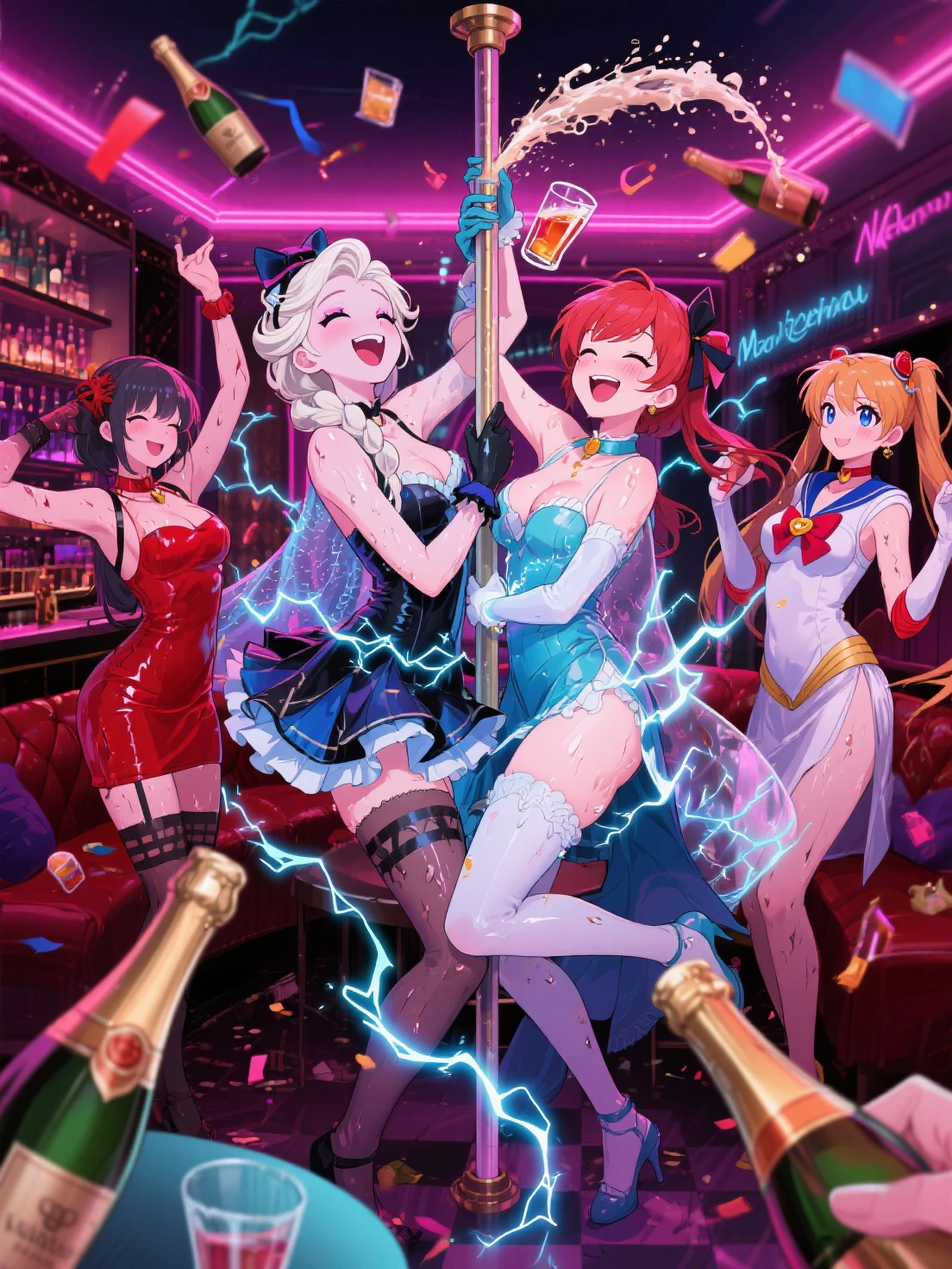 the girl lead singer of a heavy metal band, live show, in a sexy bikini, orange hair, big breasts, punk rock belt, black leather pants, lit stage and fireworks.