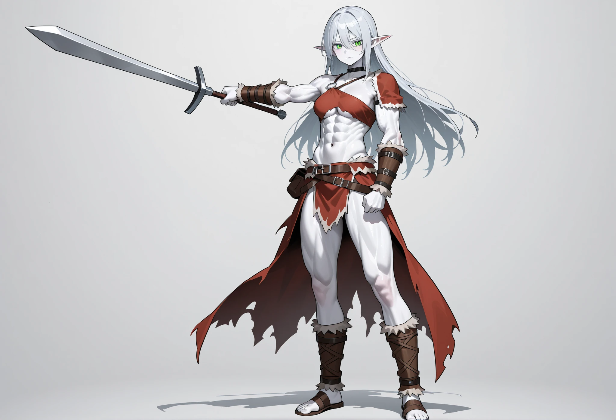  Elf Female. Solitary figure.  silver hair.  long hair.  straight hair. green eyes. white skin. slim muscles.  Elf Ears . Barbarian Warrior Style Clothes. with a confident expression. full body photo.