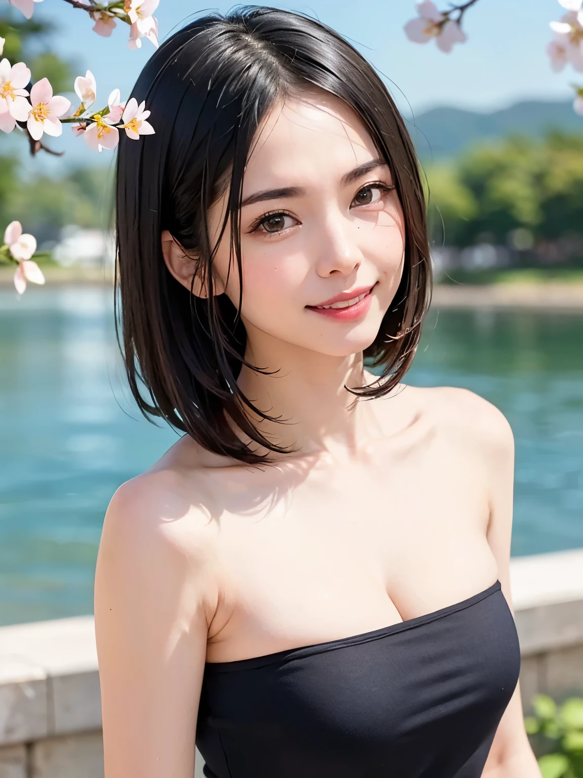 (masterpiece、Highest Quality、MaX Video Quality、 Super Fine、beautiful appearance of an adult woman、A wonderful woman full of adult charm、Tall beautiful and cute supermodel、adds strong highlights to the eyes、beautiful symmetrical face、that emits natural light、Perfect Anatomy),1 girl on break day, solo, black hair,realistic、Light-coloured black eyes, short hair, lips, lip gloss,Bans, upper body、 Big Eye、 eyelashes)、((Very beautiful scene of cherry blossoms dancing、Amazing natural coastal background with beautiful cherry blossoms and beautiful autumn leaves、Scene of cherry blossom petals dancing faintly:1.6))、(( 前髪付きshort hair、emits natural light、EXTRA BIG BREASTS、very beautiful and cute beauty、 beautiful long neck 、small Sana's head with a frame 、 beautiful teeth 、open your mouth and laugh 、stare at the viewer's genitals、Charming adult bikini、Charming white knitted sweater、Attractive blue off-shoulder、I draw everything in high resolution、dynamic angle、cinematic angles))、28 year old、very cute supermodel、Very beautiful attractive adult woman、( Big Breasts :2, Chest:Subjective feeling movement:2、Best moment:2