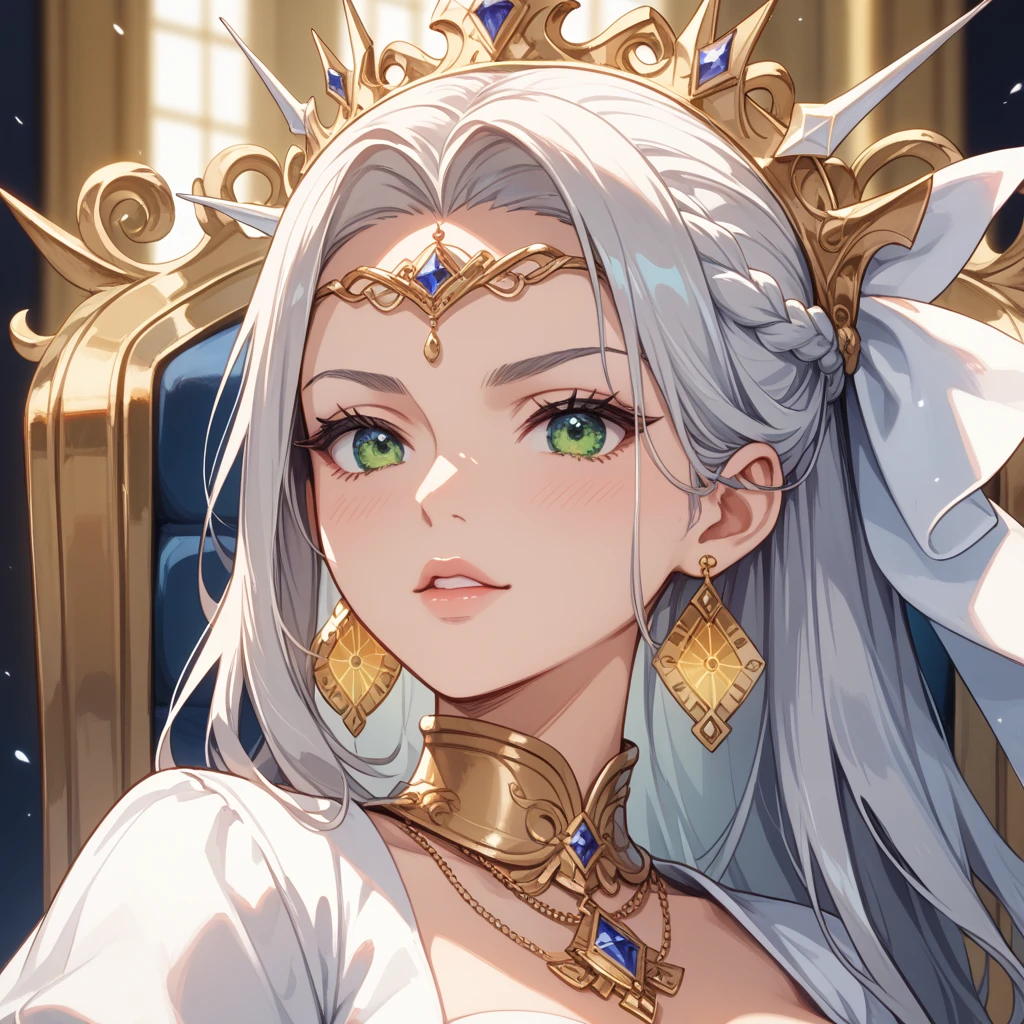 (((multicolored hair, [white hair]))), ultra realistic 8k cg, picture-perfect face, flawless, clean, masterpiece, professional artwork, famous artwork, cinematic lighting, cinematic bloom, perfect face, beautiful face, beautiful eyes, (((perfect female body, narrow waist))), gorgeous queen, royal, divine, goddess, godlike, (royal palace), fantasy, dreamlike, unreal, science fiction, huge breasts, beautiful clothes, lace, lace trim, lace-trimmed legwear, nsfw, breasts out, absurdly long hair, very long hair, watermark-like tattoos, (rich:1.4), maid outfit, prestige, luxury, jewelry, diamond, gold, pearl, gem, sapphire, ruby, emerald, intricate detail, delicate pattern, sexy, charming, alluring, seductive, erotic, enchanting, hair ornament, necklace, earrings, bracelet, armlet, looking at viewer,