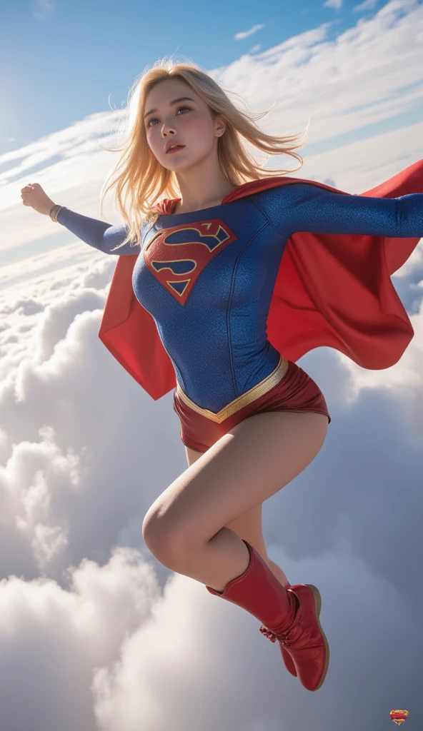 Melissa Benoist open thighs,super girl up skirt,white panties,coverd nipples,(shoot from below),wind from below,sky,solo, cape,red skirt,blue tite long sleeve shirt,