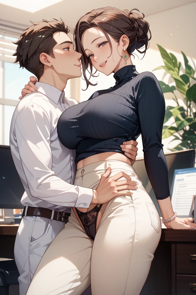 Chubby thic fat bbw Nature wife, black hair, Brown eyes, wearing black pants and pink blouse, in the Office, kissing with co-workers, 4 man watching, kissing, hugging, grabbing hips, man kissing, romatic, french kiss